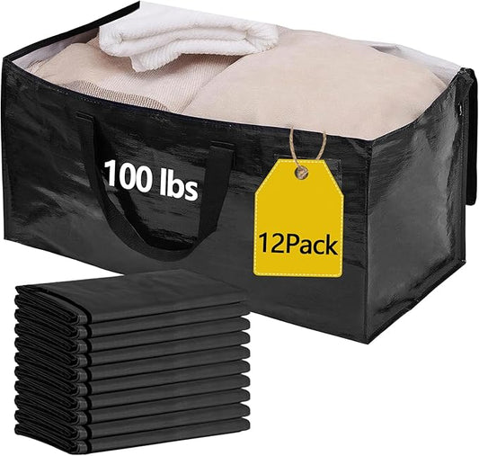 12 Pack Waterproof Moving Bags with Strong Zippers and Reinforced Handles, Real 100lb Capacity Extra Heavy Duty Large Storage Totes for Packing & Moving Storing, Alternative to Moving Boxes -95L,Black