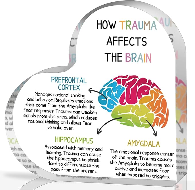 Mental Health Desk Decor, Positive Affirmations How Trauma Affects the Brain Acrylic Heart Gifts Decorations for Social Worker Therapy School Counseling Office Desktop Art Decoration