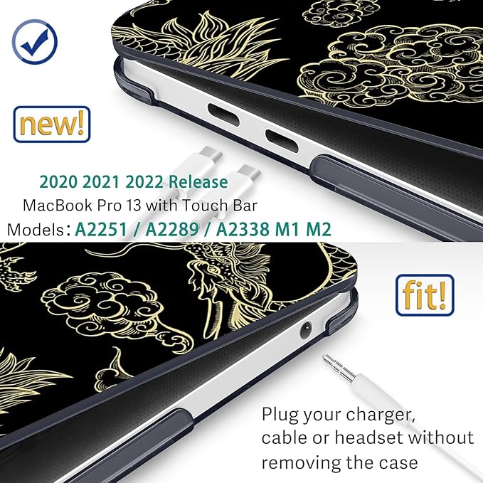 Compatible with MacBook Pro 13 Inch Case M2/M1 2025 2022-2017 A2338 A2289 A2251 A2159 A1989 A1706 A1708 Plastic Hard Shell Case&Keyboard Cover&Mac OS Keyboard Sticker (Dragon)