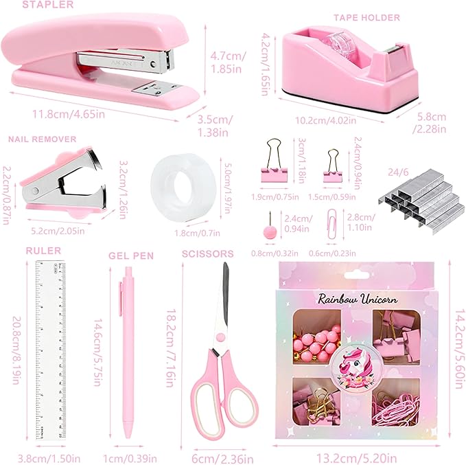 Pink Desk Accessories with Pen Holder, Pink Office Supplies Desk Organizers and Accessories for women, Tape Dispenser, Stapler, Staple Remover, Staples, Clips Set, Ruler, Scissor, Pen, Tape