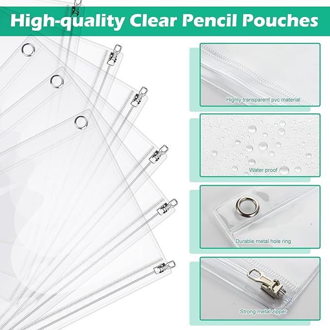 Lincia 24 Pack Clear Pencil Pouch for 3 Ring Binder Pencil Case with Metal Zipper 3 Ring Binder Pocket Inserts Bag 10 x 7'' Visible Cash Envelope with Re-enforced Grommet for College Office Supplies