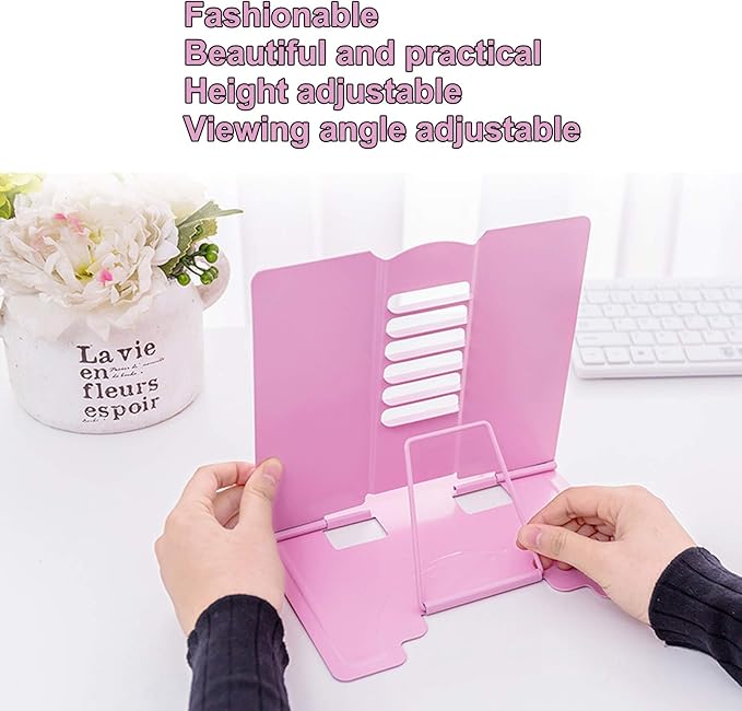 MSDADA Book Stand Metal Reading Rest Book Holder Adjustable Cookbook Documents Holder Bookstands for Textbooks Christmas Gifts for 6 7 8 9-16 Girls and Boys, Birthday Gifts for Girls Kids Mom (Pink)