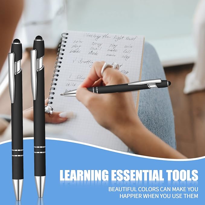 8 Pcs Blue Ink Ballpoint Pen with Stylus Tip 2 in 1 Stylus Ballpoint Pen Metal Pens Stylus Pen for Touch Screens School Office Coworkers (Black)