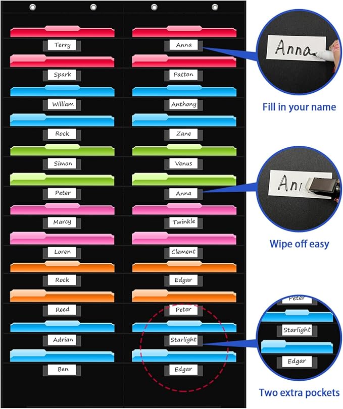 REGELETO 24 Pockets File Storage Pocket Chart with 24 Nametag Pockets, Hanging Wall File Organizer for Classroom and Office, Organize Your Assignments, Files, Scrapbooks, Paper (Black-24 pockets)