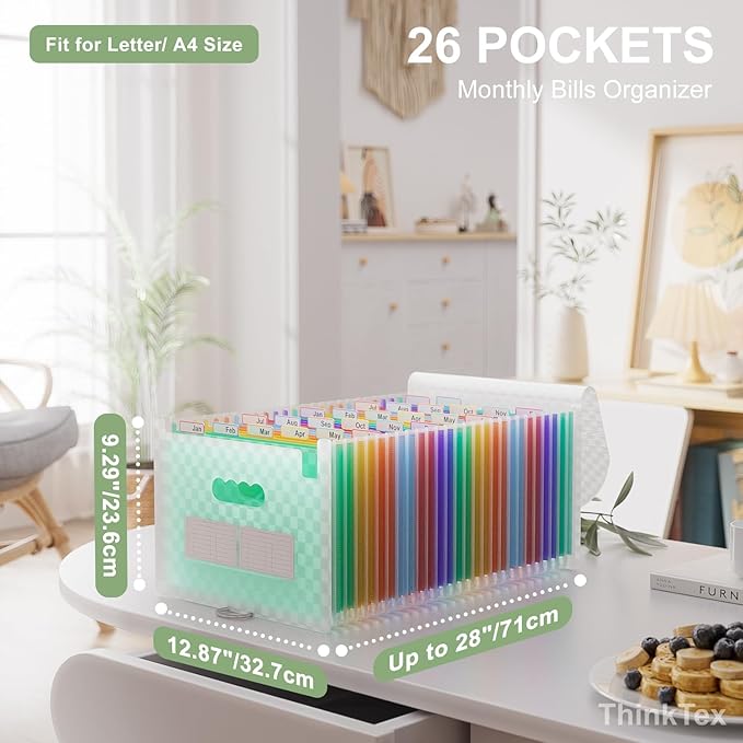 ThinkTex Accordion File Organizer, 26 Pockets Expanding File Folders, Monthly Bill Receipt Documents Organizer, A-Z Colorful Tabs, Letter/A4 Size - Green
