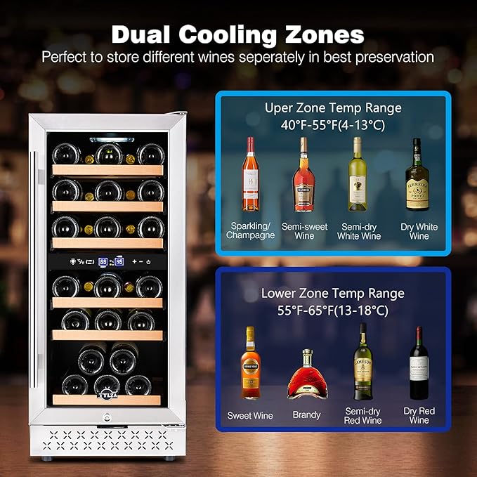 Tylza Mini Fridge 15 Inch Wine Cooler Under Counter, 33 Bottle Dual Zone Wine Fridge with Stainless Steel, Wine Refrigerator Freestanding, Built-in Wine Cellars