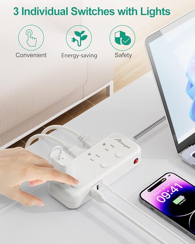 Individual Switch Power Strip Surge Protector with 6 Outlets 3 USB(17W USB C), 5Ft Braided Cord Ultra Thin Flat Plug, 13A Wall Mount Extension Cord with Circuit Breaker for Travel Home Office Dorm