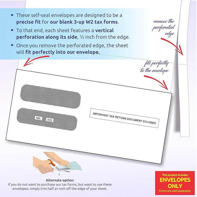NextDayLabels - Envelopes, Designed to fit W-2 3-Up Employee Tax Forms, Horizontal Format (Pack of 500 Self Seal Envelope)