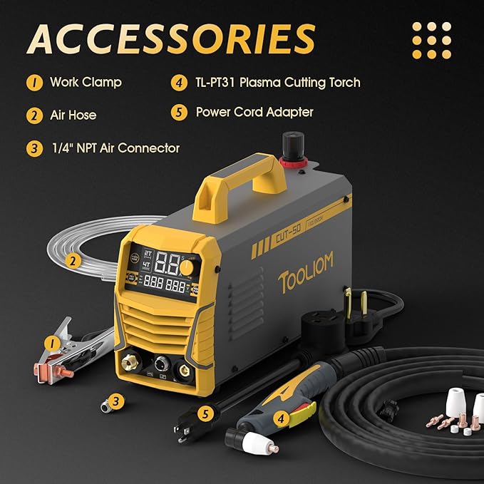 TOOLIOM Large LCD Display Plasma Cutterï¼, 50A Dual Voltage 110V/220V Metal Cutting Machine with Air Pressure Display and 2T/4Tï¼, 1/2" Clean Cut