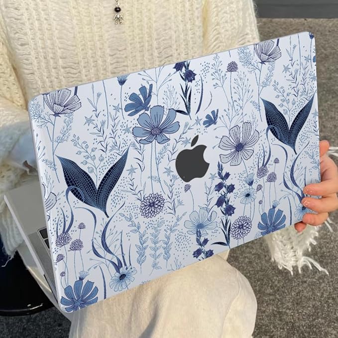 Case for M2 M3 MacBook Air 13.6 inch 2024 2023 2022 A2681 A3113 Cover with Liquid Retina Display Touch ID, Pattern Plastic Hard Shell Case Screen Film Keyboard Cover, Navy Blue Wild Flowers