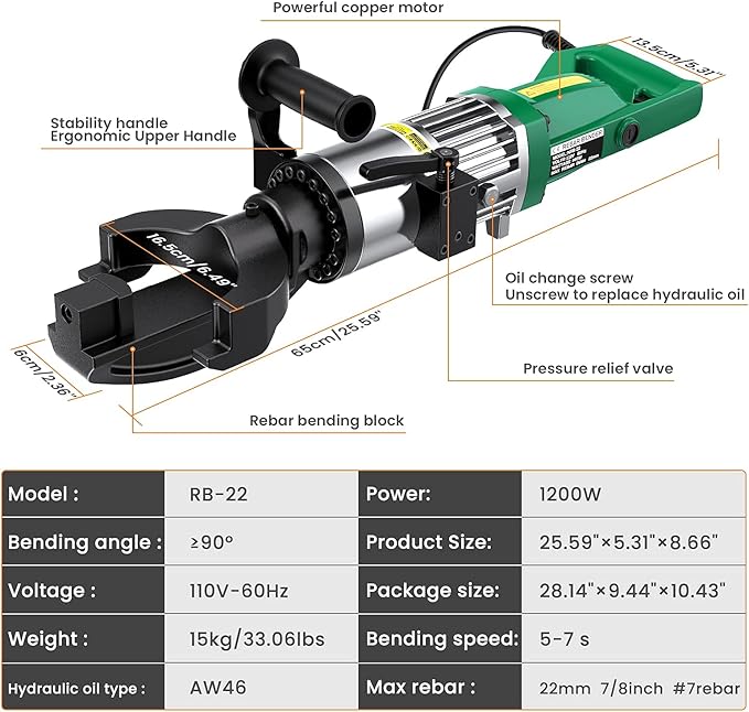 Anbull 1200W Electric Rebar Bender,Hydraulic Rebar Bending Machine Bending up to 7/8 Inch #7 22mm Rebar, Rebar Bending Angle 90 Degrees or Greater