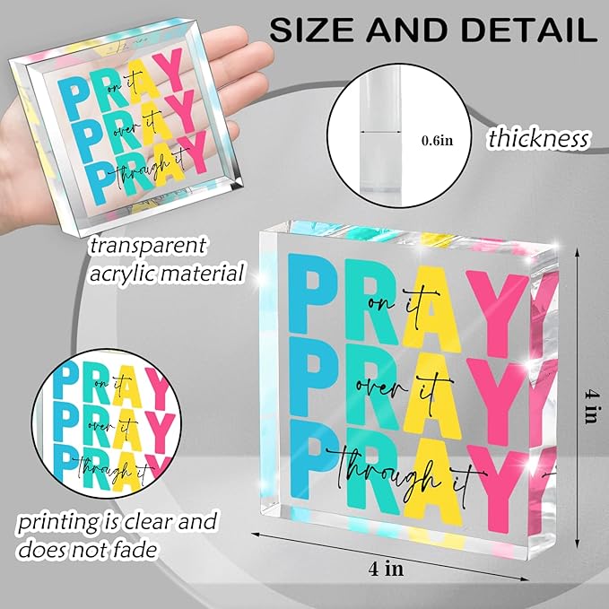 Multicolor Dorm Room Decor for Women, Office Decor for Women, Christian Gifts Desk Bedroom Bible Verse, Desk Decorations for Office, Pray on It Over It Through It, 4 x 4 inch