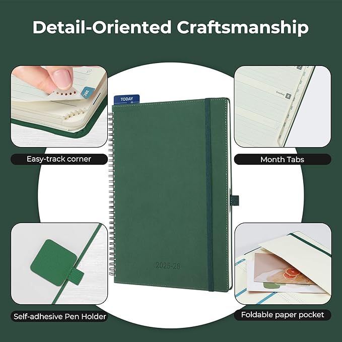 Planner 2025-2026 Daily Weekly and Monthly,11.5"x8.5",18 Months Spiral Bound Calendar Agenda with Self-adhesive Pen Holder,2026 Academic Plan with Vegan Leather Soft Cover,Green
