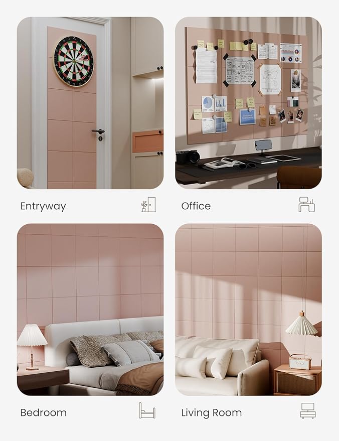 Bumusty Large Cork Board 47"x35" Alternative - 12 Pack Felt Wall Tiles with 70 Safe Removable Adhesive Tabs, 30 Pushpins, Cork Boards for Walls Pin Board Bulletin Board Office Decor (Pink)