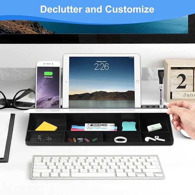 Desktop Glass Whiteboard with Storage, Desk White Board with Computer Keyboard Stand, White Dry Erase Board with Drawers for Home, School, Office Desk Organizers and Accessories