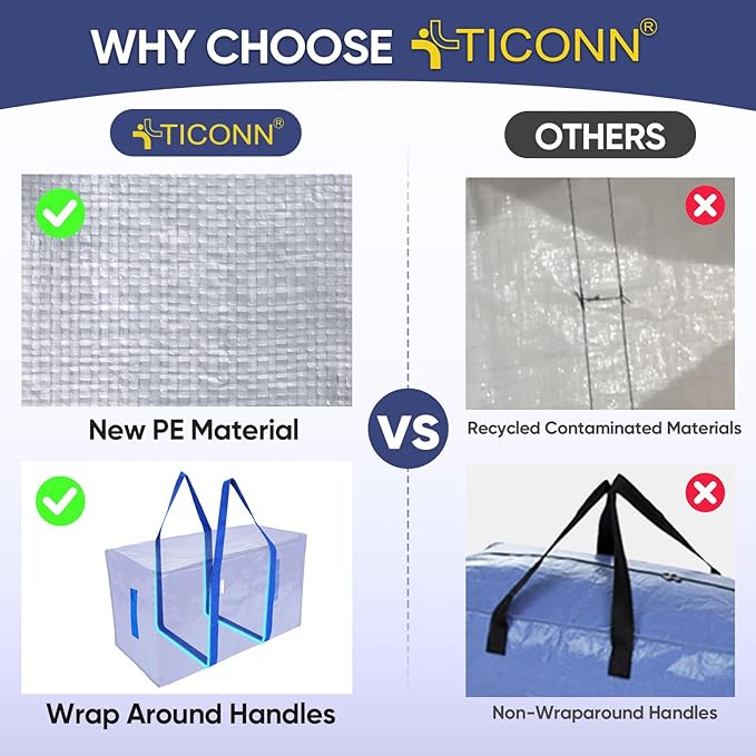 TICONN 8 Pack Extra Large Moving Bags with Zippers & Carrying Handles, Heavy-Duty Storage Tote Moving Boxes for Space Saving