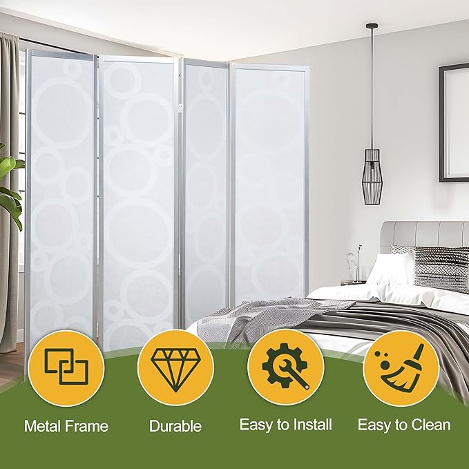 NicBex Room Divider 4 Panel Room Dividers with Circle Pattern Partition Room Dividers and Folding Privacy Screens Wall Divider for Home, Office, Room Separation,70" W x 1" D x 70" H, White+Silver