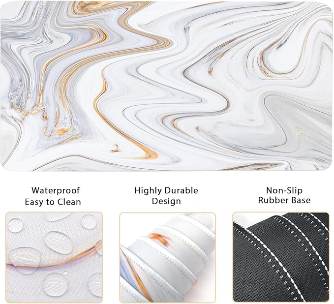 4-in-1 Large Gaming Mouse Pad, Keyboard Wrist Rest Pad & Wrist Support Mousepad Set, Extended Desk Pad Waterproof Desk Mat for Home Office Study Game - White Marble