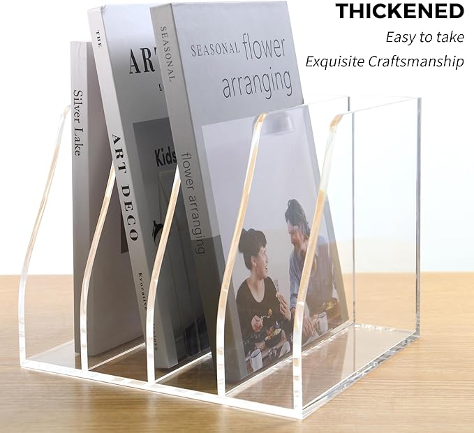 Acrylic Magazine File Holder, 4 Vertical Compartments Desk Document Sorter Organizer, Clear Folder Rack Binder for Office/Home/Classroom, for Documents, Tablet, Magazines, Books & Accessories