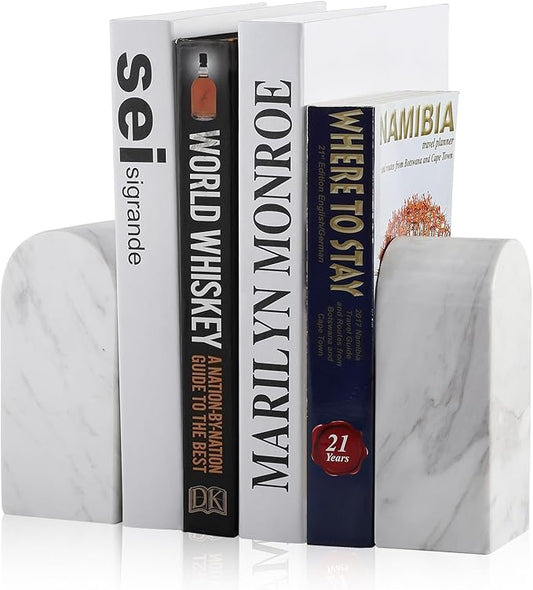 Koville Luxury Greek Marble Bookends for Shelves, Decorative Book Ends, 7lbs Heavy-Duty Marble Book Holders, Bookshelf Apartment Decor for Normal Books/CD/Video Games(Volakas)