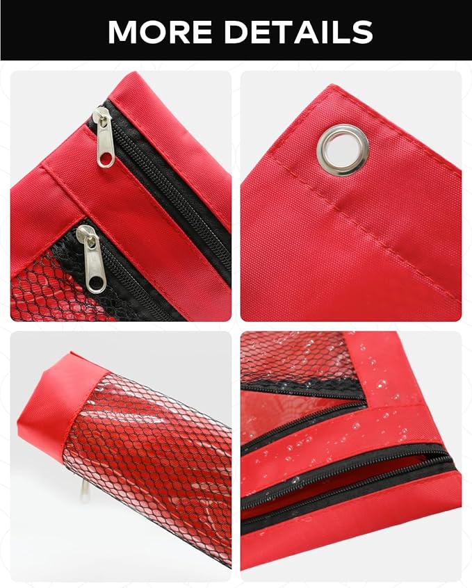 3 Ring Binder Pencil Pouch - School Pencil Case with 2 Zippered Pockets, Clear Mesh Window Pencil Bag, B5 Size, Back to School Gifts (Red)