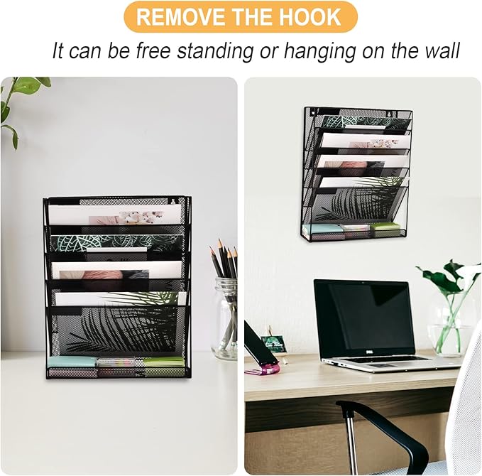 EASEPRES Desk File Organizer Mesh 6-Tier with Hangers, Hanging Wall Mount Document Organization Stand, Desktop Vertical Mail Paper Folder Holder with Bottom Tray for Office Home Cubicle, Black