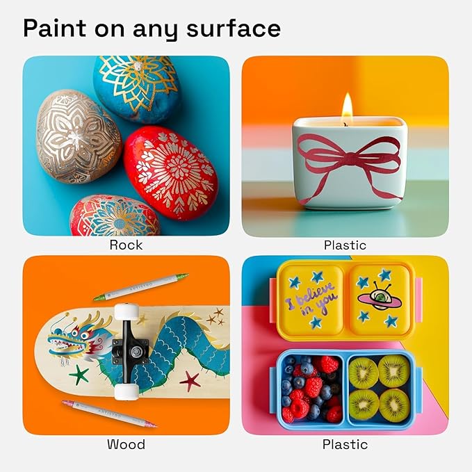 ARTISTRO 24 Metallic Dual-Tip Acrylic Paint Markers for Rock, Canvas, Glass, Wood, & More Fine + Dot Tips