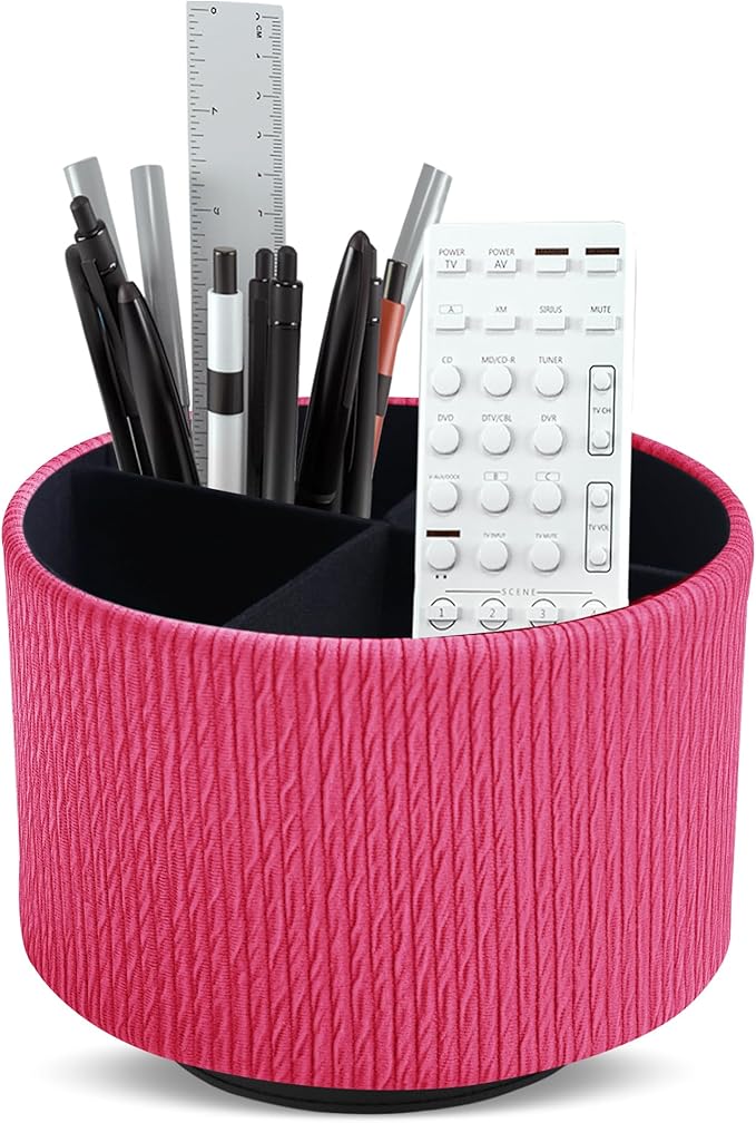 Hennaja Round Leather Art Supply Organizer,Remote Control Holder,360 Degree Spinning,Multi-Functional Pencil Holder,4 Compartments Desktop Stationary Organizer(1-Vertical Wood Red)