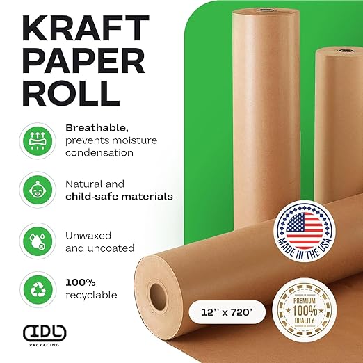 Brown Kraft Paper Roll 12" x 8640" (720 feet) for Packing, Moving, Shipping, Crafts - Heavy Duty USA-Made Craft Paper 50lb Thickness - 100% Recyclable Natural Kraft Wrapping Paper by IDL Packaging
