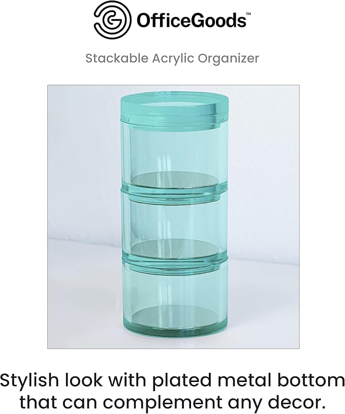 OfficeGoods 3-Tier Stackable Acrylic Holder- Stylish Desk Organizer and Storage for Office or Home –Transparent Round Design, Green with Silver Metal Base