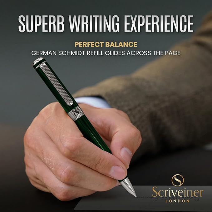 Scriveiner Green Ballpoint Pen - Stunning British Racing Green Luxury Pen, Chrome Finish, Schmidt Black Refill, Best Ball Pen Gift Set for Men & Women, Professional Executive Office, Nice Designer Pen
