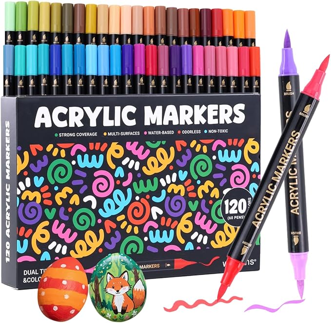WINSONS 120 Colors Acrylic Paint Marker, Dual Tip and Dual Colors Acrylic Paint Pens for Stone, Wood, Canvas, Ceramic, Metal, Glass, Rock Painting, DIY Crafs Art Supplies (120 Colors)