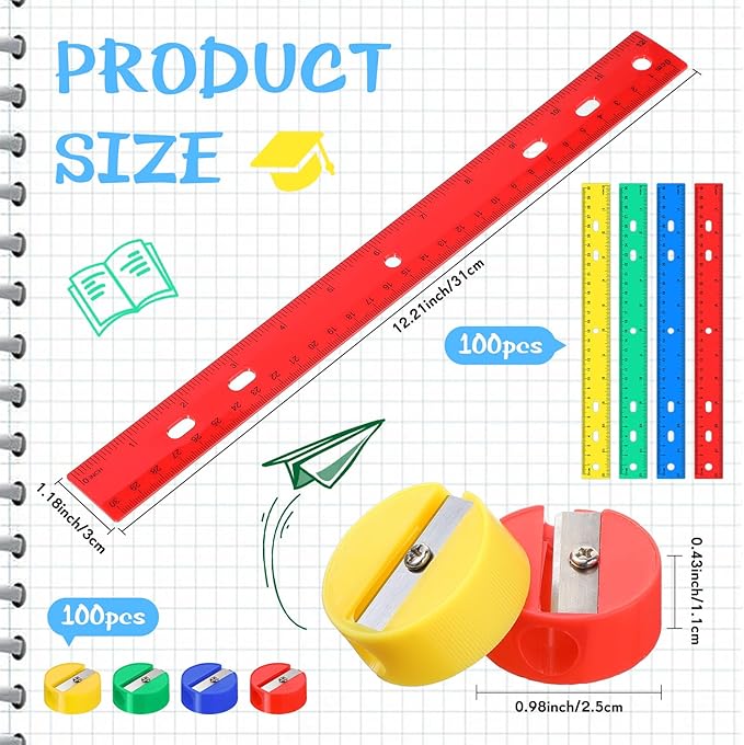 100 Pcs Plastic Rulers and 100 Pcs Mini Round Manual Pencil Sharpener Bulk, 4 Assorted Colors Pocket Sized Pencil Sharpeners Colorful Straight Ruler Back to School Supplies for Kids (Fresh,12 Inch)