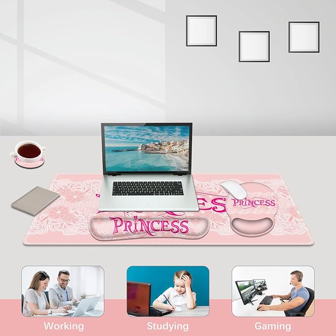 DINKY Pink Mouse Pad with Wrist Rest, Desk Pad for Keyboard and Mouse, Ergonomic Mousepad Set, Keyboard Wrist Rest with Coaster, Desk Mat Combo for Office Home, Pink Princess