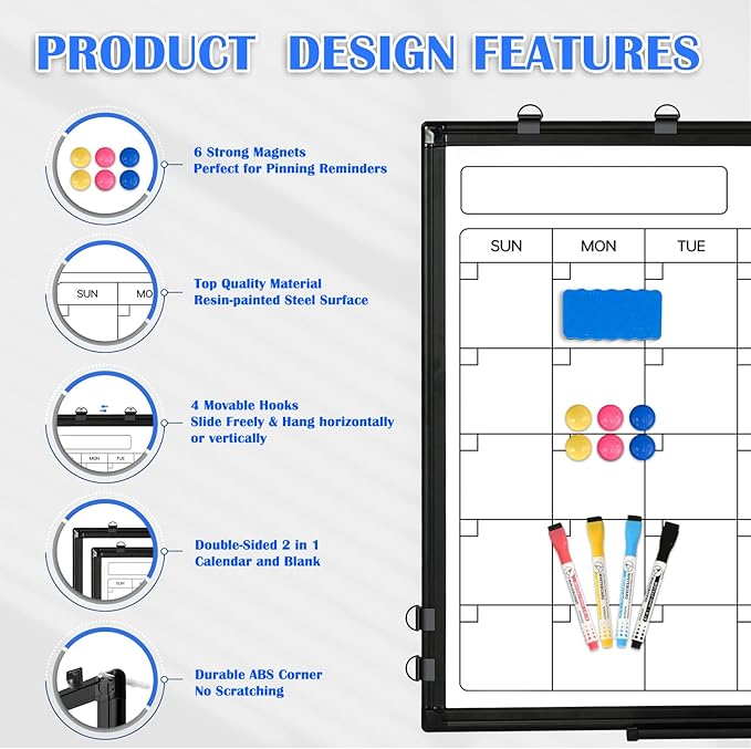Monthly Calendar Dry Erase Whiteboard, 36" x 24" Magnetic Calendar White Board, Double-Sided Portable Board with Black Aluminium Frame for Office, Kitchen, School, Home