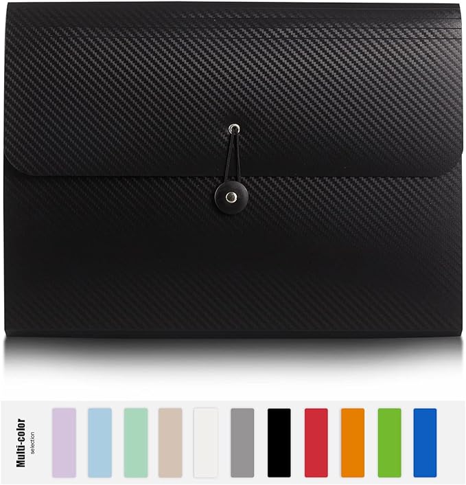 Expanding File Folder with 13 Pockets - Accordion Filing Folder for Documents - Aesthetic Black Paper Organizer for Work, School, Home, Office