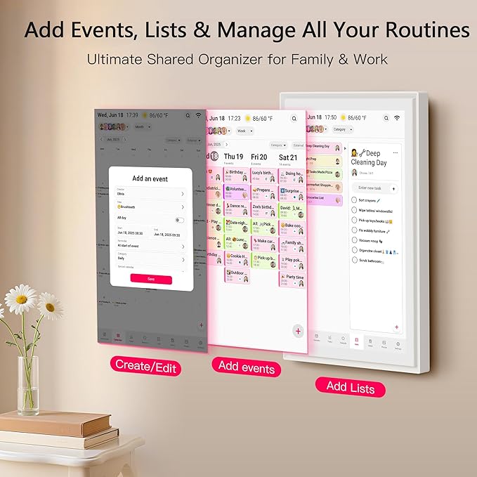 15.6 Inch Digital Calendar, Full HD Touchscreen Smart Planner for Family Schedules - Wall & Desk Mount, Great for Seamless Daily Planning & Household Organization, with LED Reminder Light
