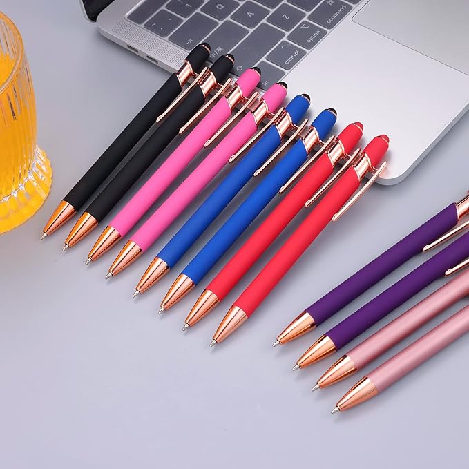 12 PCS 2 in 1 Stylus Ballpoint Pen with Stylus Tip, 1.0 mm Black Ink Metal Pen Stylus Pen for Touch Screens (Rose glod & 6 Colors)