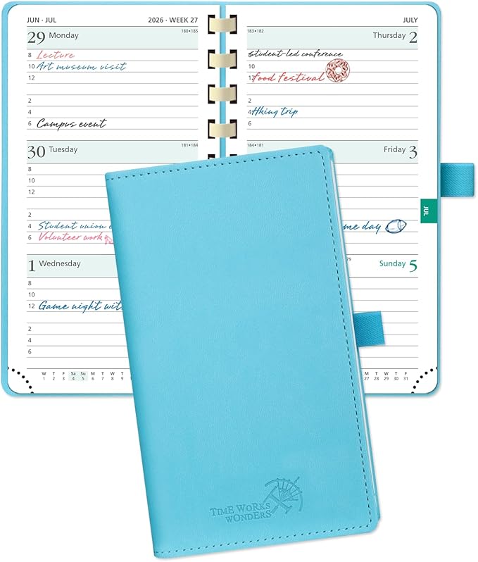 POPRUN 2026 Pocket Planner (Slim Size 3.5" x 6.5") Weekly and Monthly Calendar for Purse, with Hourly Time Slots, 100GSM Thick Paper, Spiral Soft Cover, Pen Holder - Blue Green