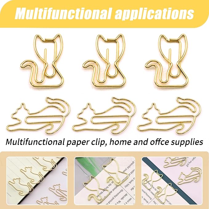 80 Pcs Gold Cat Creative Metal Paper Clips - Fun Office Supplies for Cat Lovers (Gold Catg)