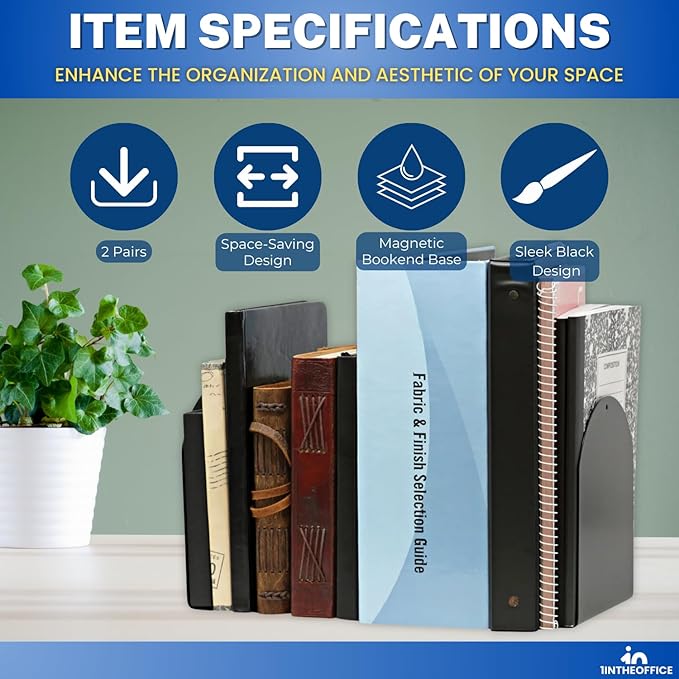 1InTheOffice Bookends for Shelves, Metal Bookends, 6" x 5" x 7", Magnetic, Black, 4 Pack