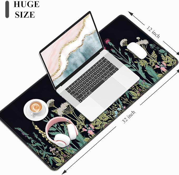 Desk Mat, 32" x 12" XXL Extended Large Gaming Mouse Pad, Desktop Decor Desk Pad, Cute Men Women Office Supplies and Accessories, XL Mouse Mat for Laptop & Keyboard, Black Flower