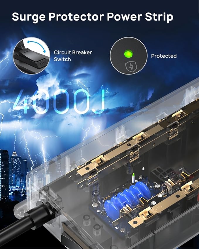 TROND Power Strip Surge Protector with 360° Rotating Flat Plug, 15ft Long Extension Cord, 4000J, ETL Listed, 10 Widely Spaced Outlets, 2 USB A and 2 USB C, Wall Mountable, for Home Office, Black