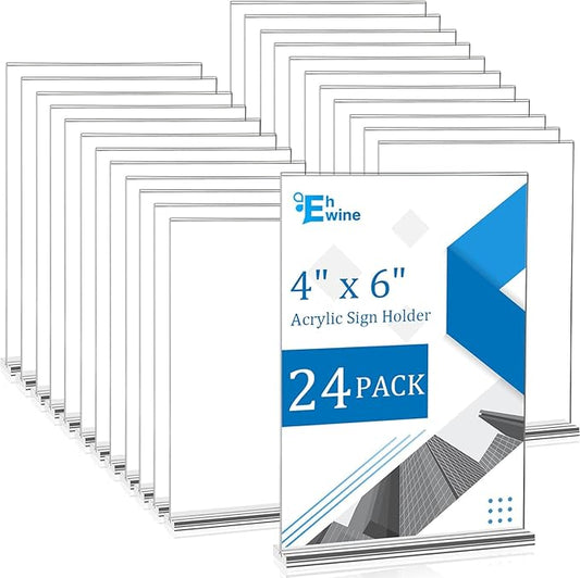 EHWINE 24 Pack Acrylic Sign Holder 4x6, Double-Sided Stand up Table Top Sign Holders, Clear Acrylic Picture Frame Paper Holder Display Stand for Office Business Store Wedding Party