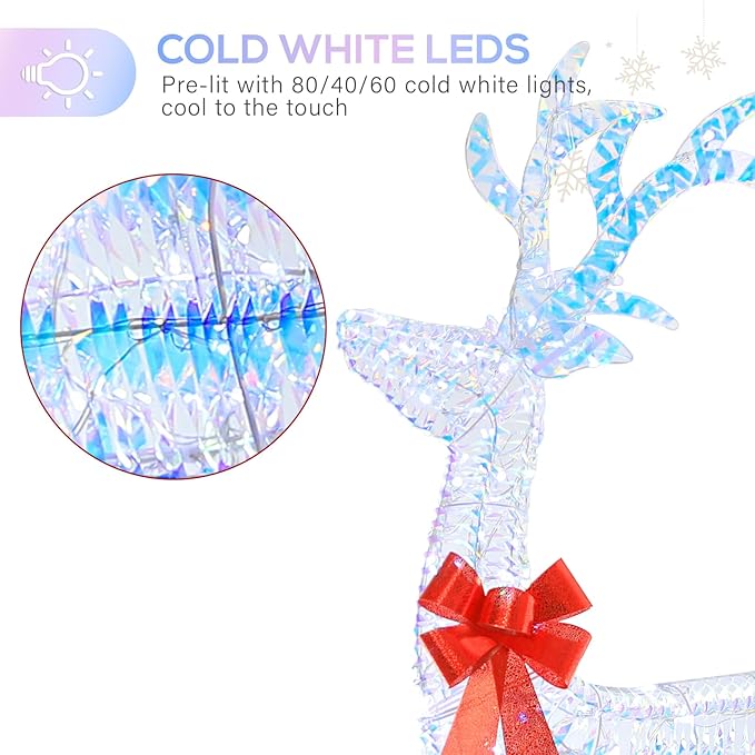 Hykolity 4.5FT 3D Pre-lit Iridescent Christmas Reindeers Family, 3-Piece Lighted Deer Set with 280 LED Lights, Stakes, Zip Ties for Indoor or Outdoor Christmas Decorations