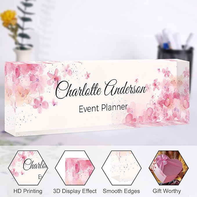 Custom Name Plate for Desk, Personalized Acrylic Office Name Sign with Name & Title, Elegant Desk Decor for Women Men, Employee Appreciation Gift (Sakura-1)