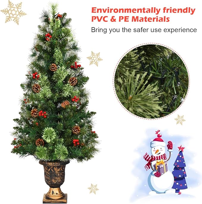 HAPPYGRILL 5FT Pre-Lit Artificial Christmas Tree with Urn Base, Artificial Xmas Tree with 260 Branch Tips, 100 Warm White Lights, Pine Cones, Red Berries, Front Door Porch Entryway Christmas Tree