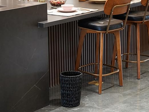 Wicker Trash Can,Small Trash Can,Handwoven Waterproof Wicker Trash Basket,Round Garbage Can,Compact Waste Basket for Bathroom,Bedroom,Office,2 Gallon Black