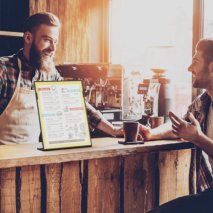 MaxGear Fall Resistant Acrylic Sign Holder 8.5 x 11 Inches 12 Pack, Slant Back Table Flyer Menu Display Stand, Heavy Duty Plastic Acrylic Sign Frame Paper Holder for Business, Store, Restaurant, Black