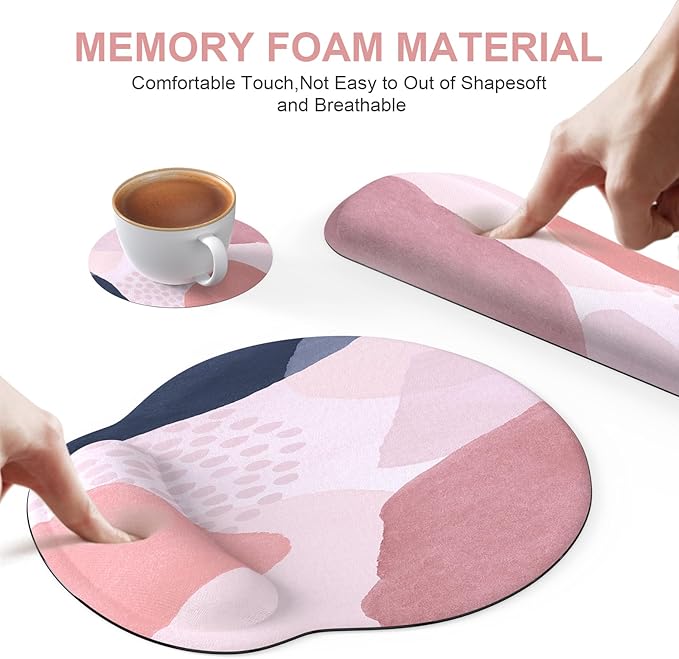 iCasso Desk Mat, Gaming Mouse Pad Wrist Support Set, XXL Large Mousepad + Keyboard Wrist Rest+Mouse Wrist Rest+Coastert with Ergonomic Design for Home Office Computer (C-Four-Pink-Block)